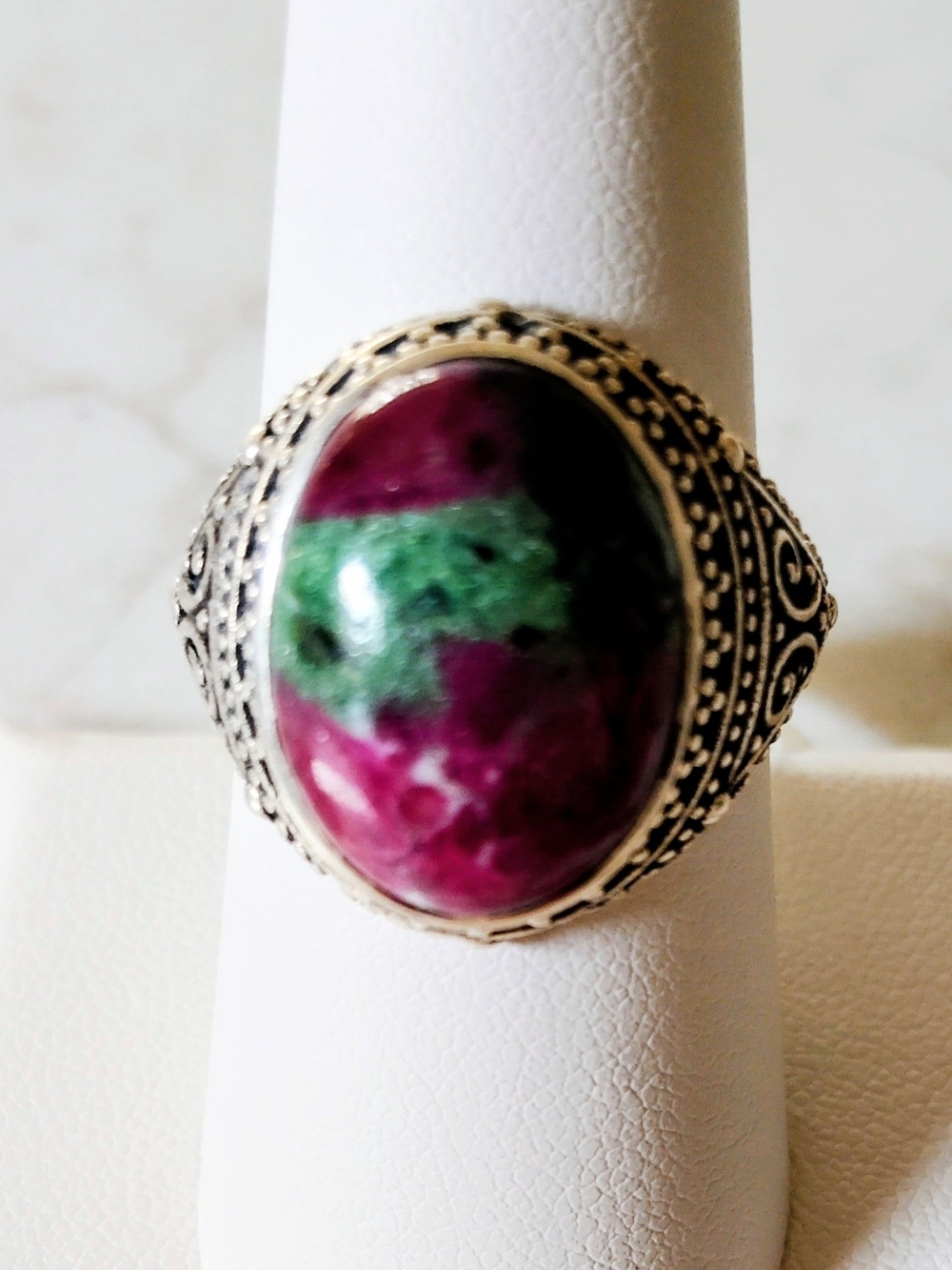 Sterling Silver Ruby Zoisite Oval Cabochan Statement Ring Size 8